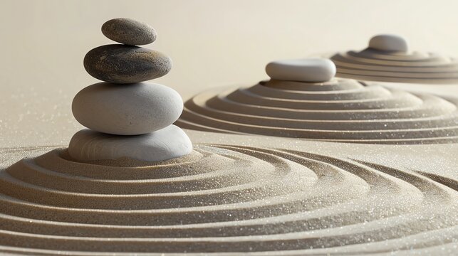 A Zen garden with raked sand and stacked stones, evoking tranquility and balance.