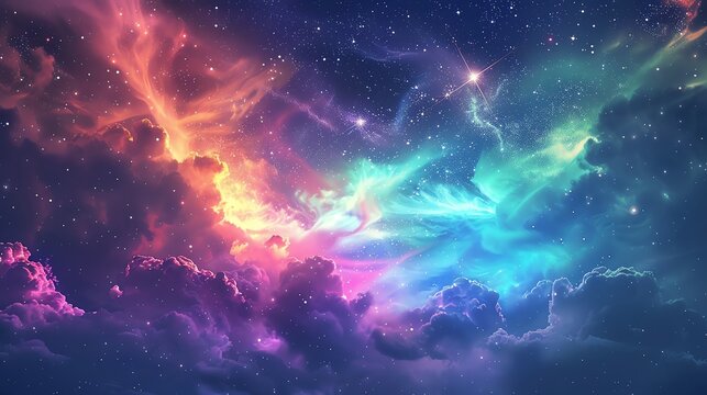 Abstract cosmic nebula with vibrant colors and twinkling stars. Perfect for science fiction or fantasy backgrounds.