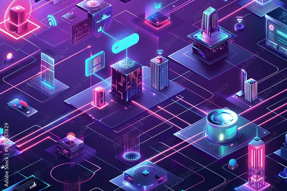 Poster an abstract digital illustration of interconnected devices and data streams