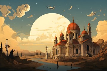 Daytime Reverie: Cathedral Overlooking River 