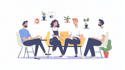 Four diverse people engaged in conversation while sitting together in a casual setting.