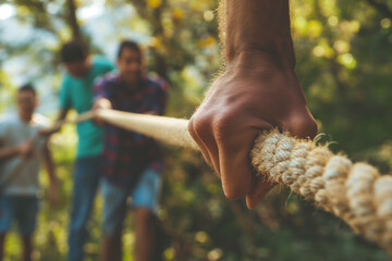 Team Building Activity Close Up of Hands Pulling Rope in Outdoor Tug of War Challenge