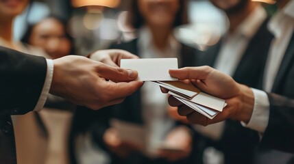 Two businessmen exchange business cards at a networking event.  The focus is on the hands exchanging the cards.