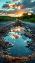 Obraz premium Reflection of a cloudy sky in a puddle on a dirt road, 8K, Ultra HD.