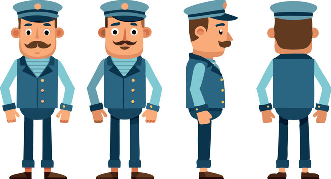 Character design of joyful cartoon train conductor in uniform from different angles