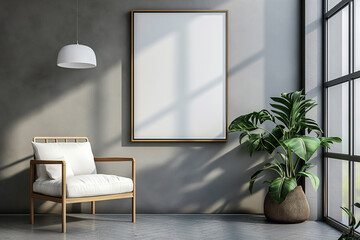 Blank frame on wall with white sofa, lamp, plant and table in room interior.