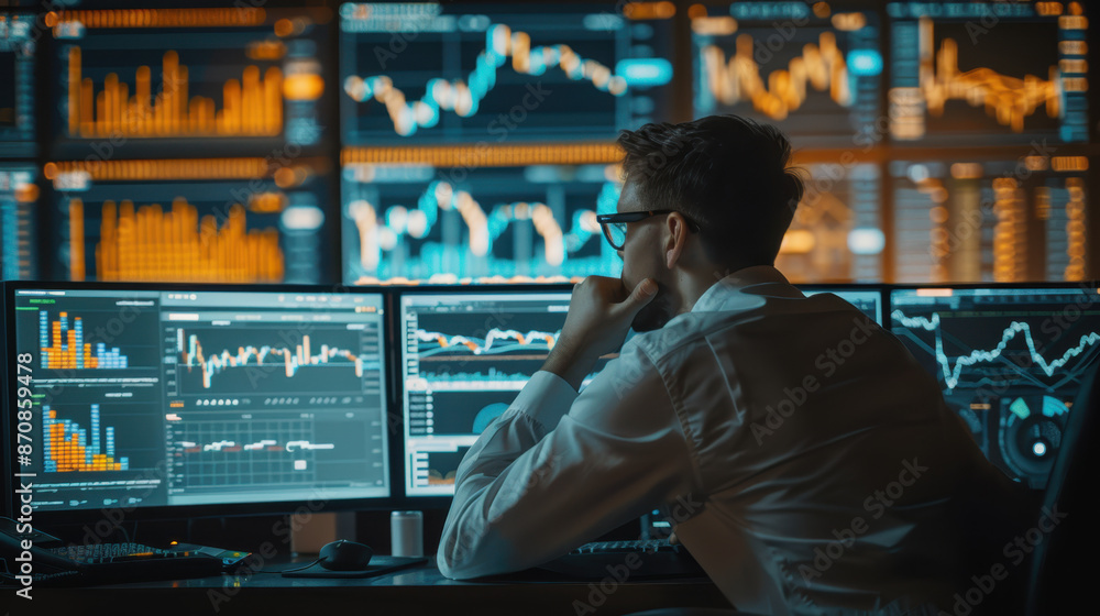 Poster male stock trader analyzing financial charts on multiple computer monitors in dimly lit office