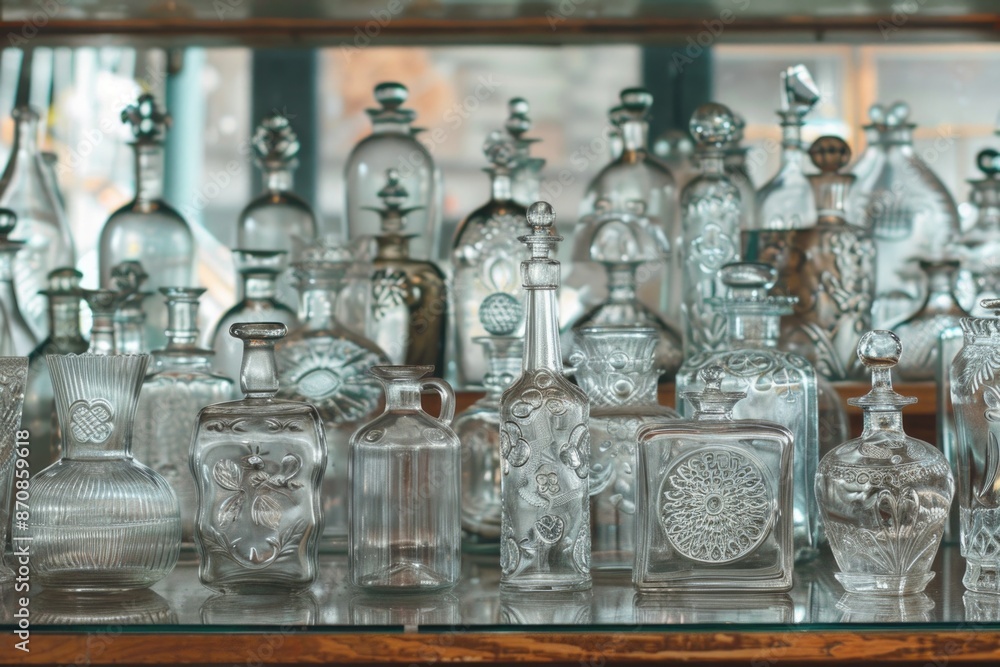 Poster a collection of transparent glass bottles displayed on a shelf