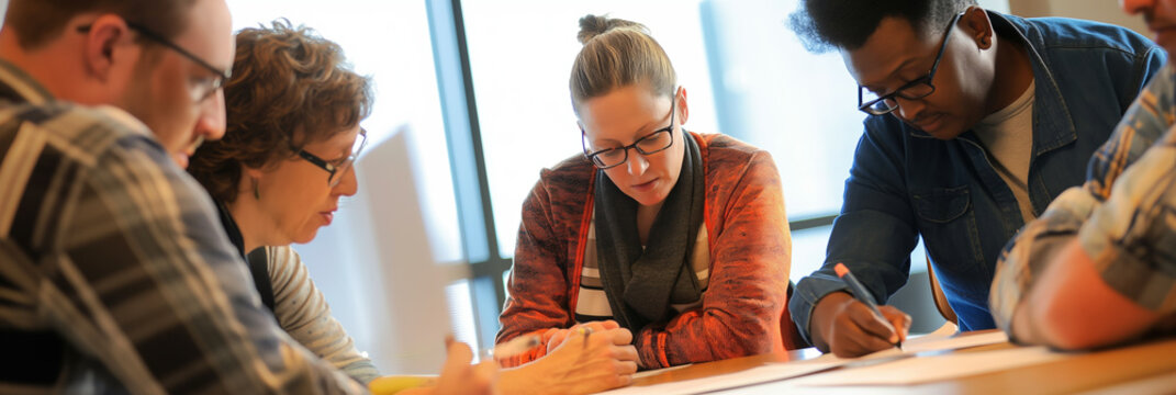 Diverse Team Collaboration in Modern Office Setting for Creative Project Discussion