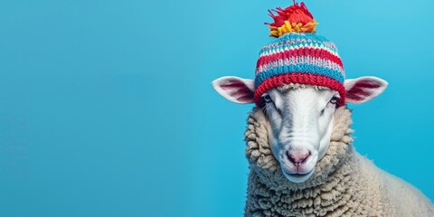 Naklejka premium Sheep Wearing Colorful Knitted Hat on Blue Background Minimalistic