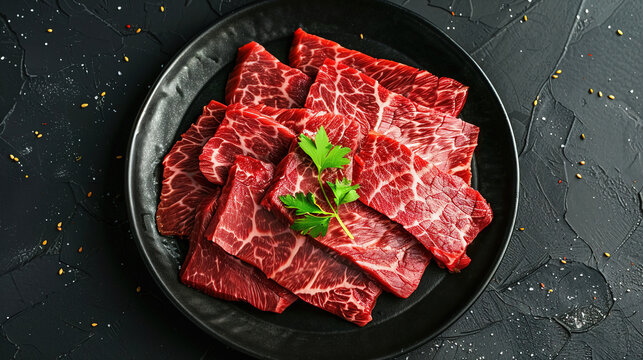 Wet red meat slices in a hot pot on a wooden table. Fresh beef for hot pot. Beef meat on plate. Sliced and placed on black plate. Top view. Copy space area for text