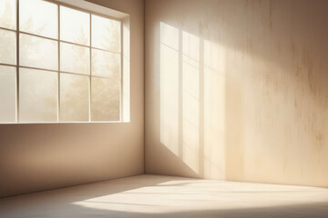 Fototapeta premium A digital painting of a realistic and minimalistic setting where light, seeping in through blurred windows, jumps onto a wallpaper textured with an overlay of soft shadows, underlining the simplicity