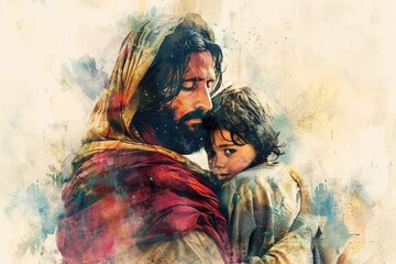 A portrait of a man cradling a young child in his arms, with a tender and loving expression