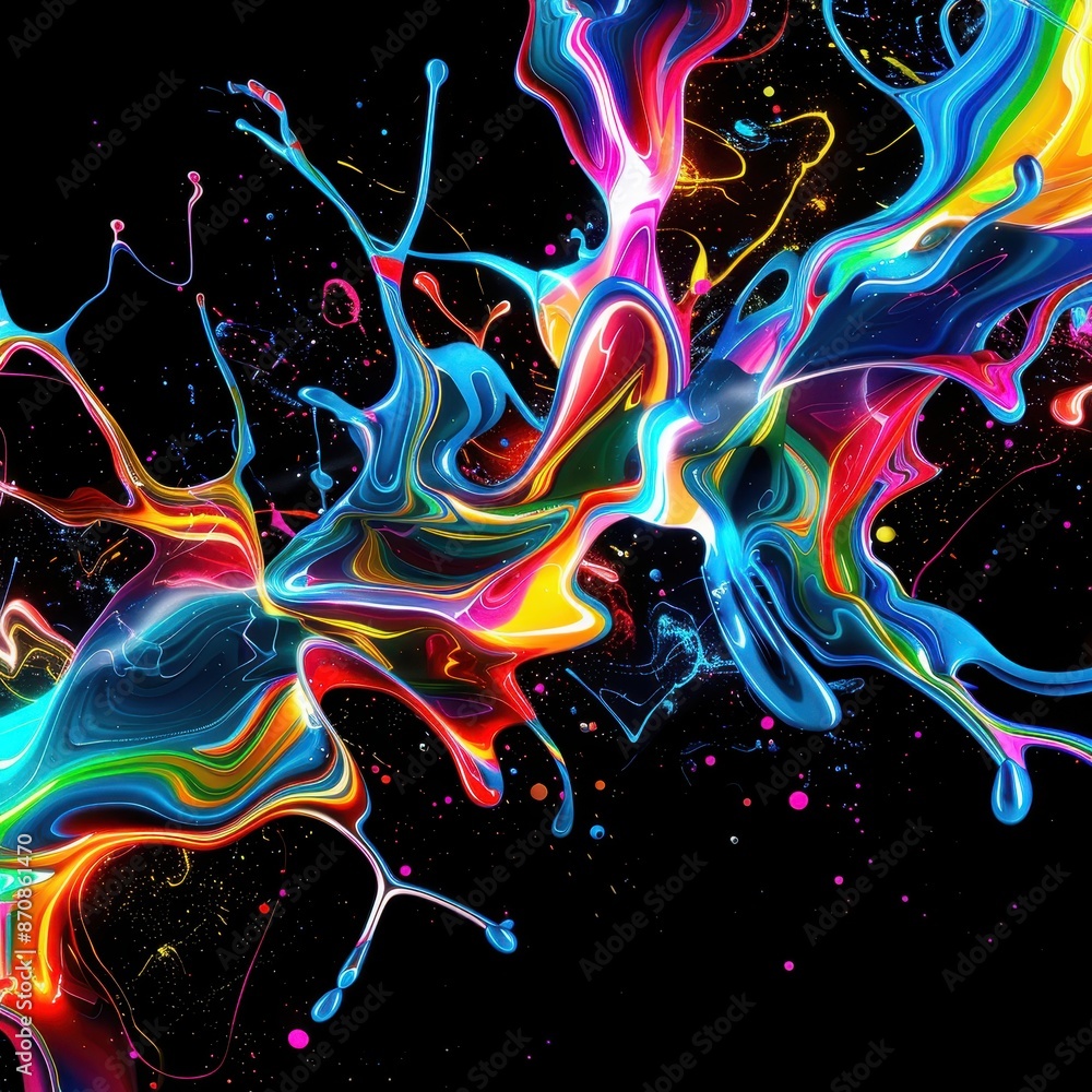 Poster Vibrant abstract painting with dynamic colorful splashes on a black background, creating an energetic and visually stimulating effect.