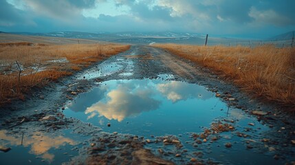 Naklejka premium Reflection of a cloudy sky in a puddle on a dirt road, 8K, Ultra HD.