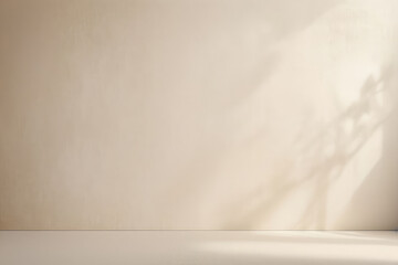 Realistic and minimalist blurred natural light windows, shadow overlay on wall paper texture, abstract background. Minimal abstract light beige background for product presentation