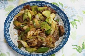 close up of homemade Hong Kong domestic style stir fried beef and Celery with soy sauce