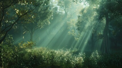 Obraz premium Sunbeams Through the Forest.