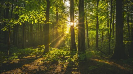 Obraz premium Sunlight Streaming Through Forest Trees.