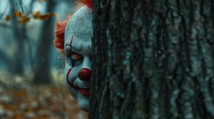 Creepy Clown Peeking from Behind a Tree