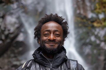 Portrait of a blissful afro-american man in his 30s dressed in a water-resistant gilet over backdrop of a spectacular waterfall