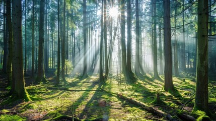 Obraz premium Sunbeams Through Forest Trees.