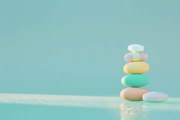 Minimalist Pastel Colored Smooth Stones Stacked in a Zen Balance Against Soft Aqua Background