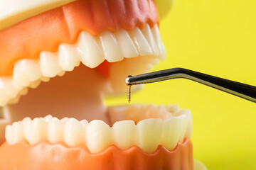 Metal dental pin in tweezers on yellow against the background of the patient's medical jaw. The concept of installing dental fillings and dental crowns in orthodontics, close-up