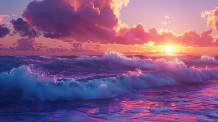 Fototapeta premium Sunset over the ocean with waves.