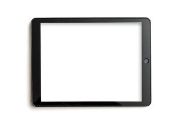 A close-up of a tablet computer with a blank screen on a white surface
