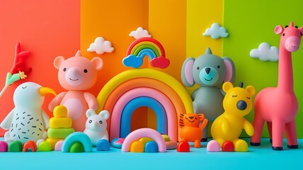 Obraz premium Colorful Playful Animal Figurines against a Vibrant Rainbow Background