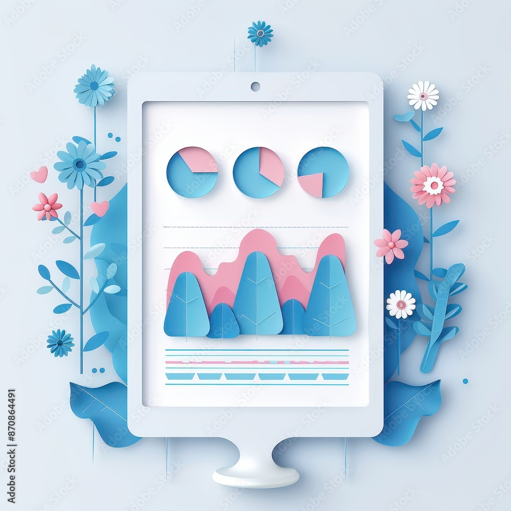 Poster digital tablet displaying analytics surrounded by floral elements in pastel colors, showcasing a ble