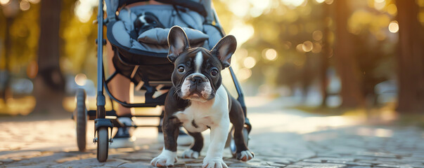 Ultra-realistic 8k image of a small French Bulldog puppy in a stylish pet stroller, enjoying a park scene with its owner close by, bokeh background