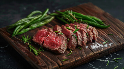 Spiced raw beef steaks on a wooden chopping board background. Sliced beef roast on a wooden board with green beans and rosemary against a wooden background. Steak dish. Copy space area for text