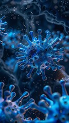 Obraz premium Bluetinted artistic rendering of viruses, simulating a microscopic perspective to showcase the unseen complexities of pathogenic threats