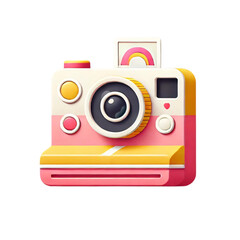 A camera with a colorful design, featuring a pink and yellow body on a transparent background