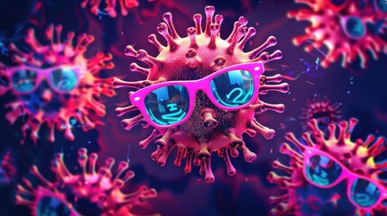 Creative illustration of virus cells wearing sunglasses, symbolizing fun and unique take on viral concepts. Vibrant and imaginative design.