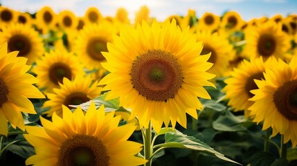 Fototapeta premium Field of Bright Yellow Sunflowers in Full Bloom Under a Clear Sky. Generative AI