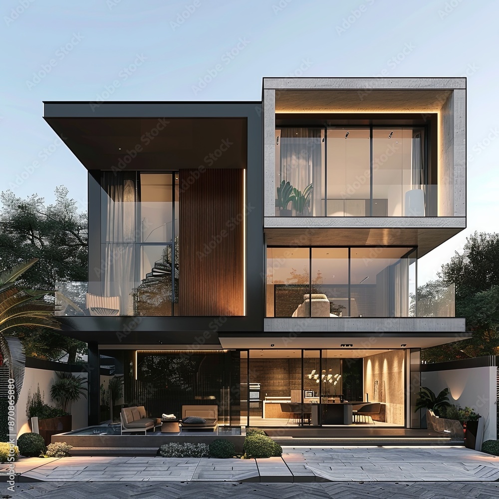 Poster architecture 3d rendering illustration of minimal modern house.