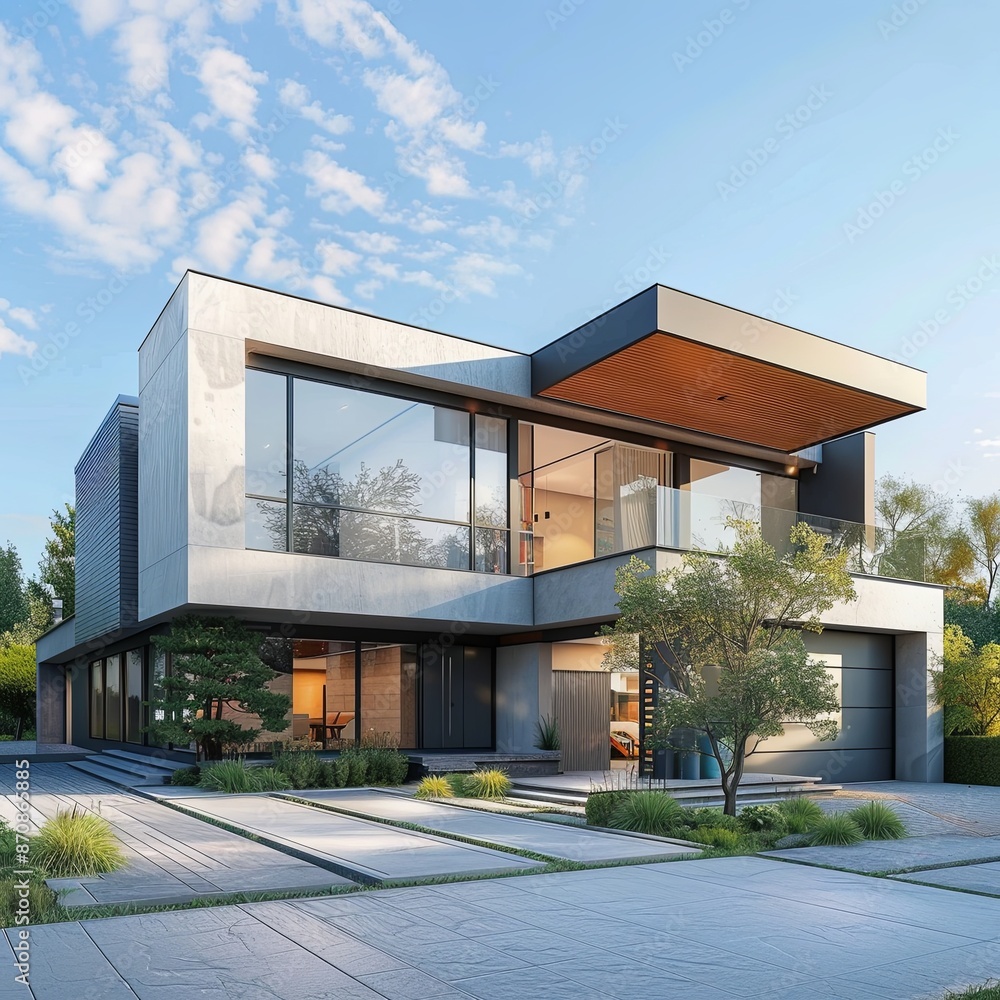 Poster architecture 3d rendering illustration of minimal modern house.