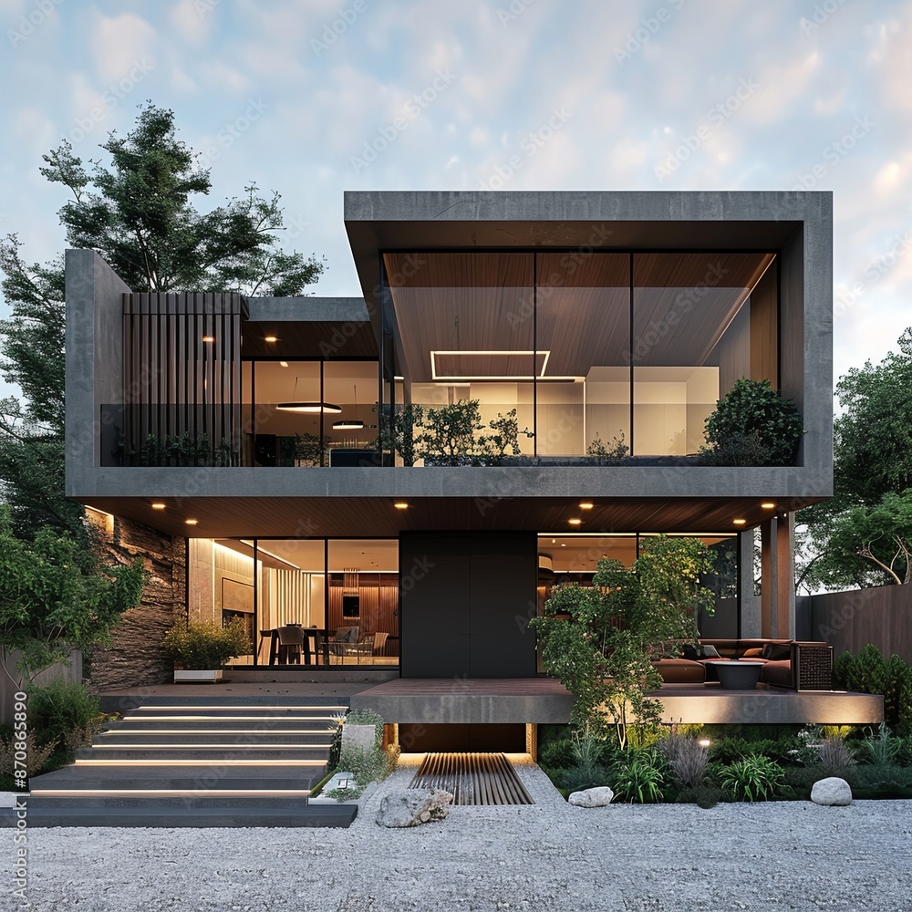 Poster architecture 3d rendering illustration of minimal modern house.