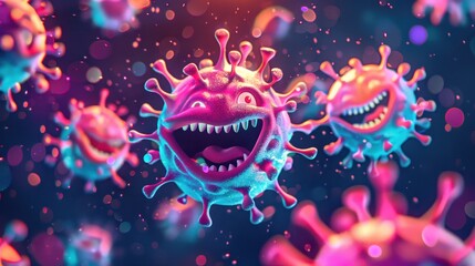 Colorful and vibrant illustration of viruses with happy faces, highlighting the creative visual representation of microorganisms.