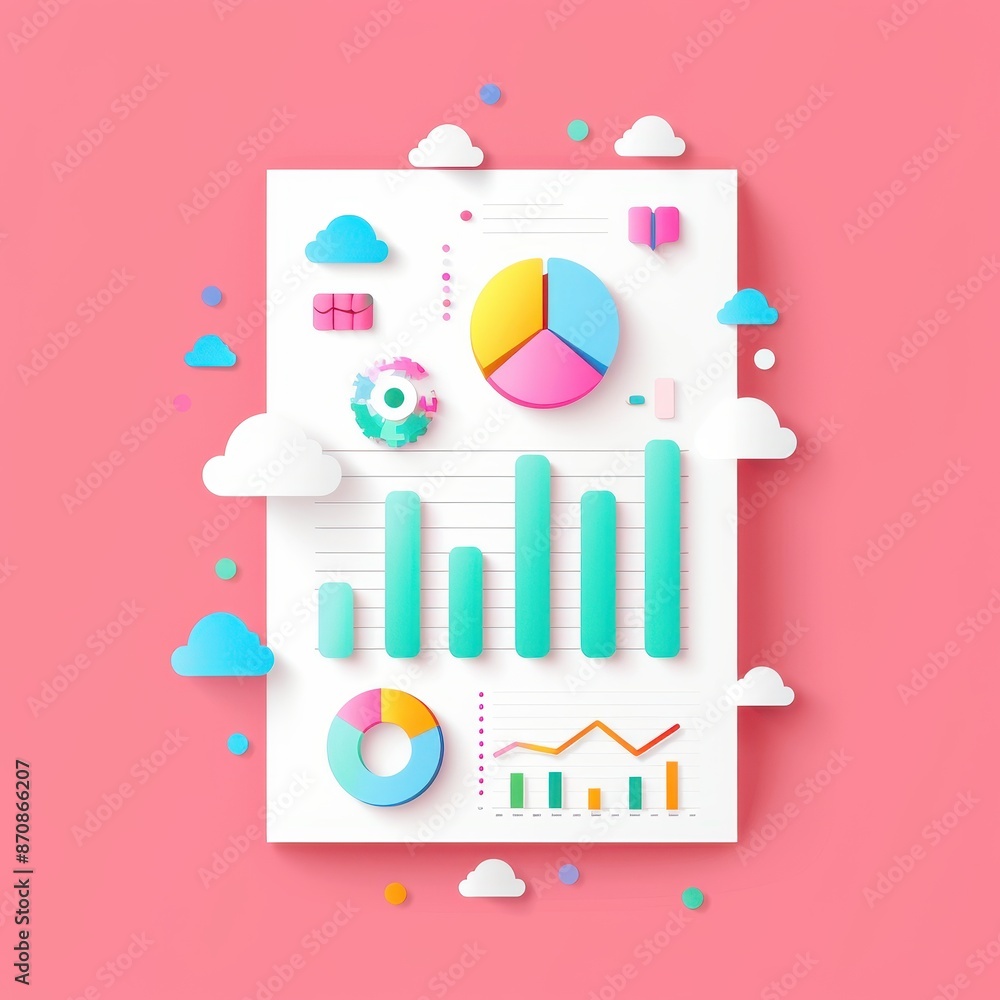 Poster Colorful 3D graphs and charts on a pink background, representing data analysis and business growth metrics with a playful design.