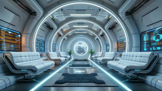 a hyperreal futuristic waiting room with smart seating, digital displays, and a sleek, modern design, creating a comfortable and high-tech environment, offering ample copy space for text