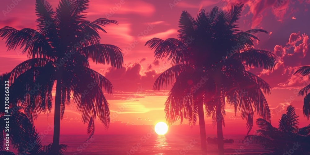 Aufkleber a serene sunset scene with palm trees in the foreground, suitable for use as a background or to add 