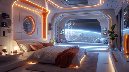 a hyperreal futuristic hotel room with smart features, ambient lighting, and a luxurious high-tech environment, offering ample copy space for text