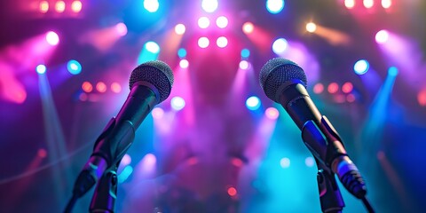 Obraz premium Colorful Stage Microphones Under Vibrant Concert Lights