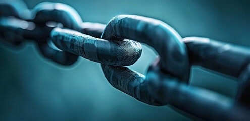 Strands of bluish-black iron chains are highlighted by white light, as well as a black and dark blue background