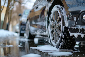 Fototapeta premium Close Up Foam Dripping from Car, cleaning washing a car.