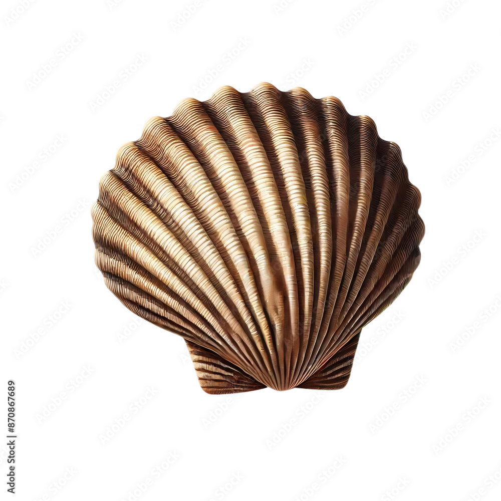Poster a illustration of a seashell similar to the one shown in the image, with a fan shape and ribbed text